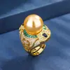 Nuevo Anillo de Moda Huabi Jewelry con Base de Cobre Chapado en Oro, Perla, Diamante Elegante de Lujo 16 mm 2024