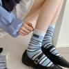 Calcetines de Mujer para Primavera y Verano Nuevos Calcetines Rayados de Media Pantorrilla Doble Volante Serie Miu Color de Contraste Doble Volante Felpa Versátiles Rayados Calcetines de Algodón