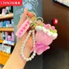 Llavero Ramo de Hilo de Cadena de Perlas, Colgante de Flor de Rosa Artificial Tejida a Crochet, Regalo para Maestros en el Día del Maestro