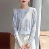 Elegante y estilosa camiseta de malla de manga larga para mujer, nuevo modelo de verano 2026, disimula el vientre y estiliza, con detalles de encaje