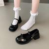 2025 Novo Estilo Laço Sapatos de Camada Única Pretos Sapatos Jk Mary Jane Femininos Fivela Salto Grosso Retrô Estilo Japonês Sapatos Pequenos de Couro