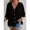 2026 Cor Sólida Tamanho Grande AliExpress Feminina Camisa de Botão Casual Transfronteiriça Europeia e Americana Cardigã Camisa Gola V Top Solto