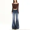 Jeans Rectos de Pierna Ancha Azules Estilo Retro Americano con Bolsillo de Solapa Pantalones Largos para Primavera