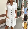2026 Item Mais Vendido do Aliexpress Wish Amazon: Vestido Camisa de Algodão e Linho Simples de Verão com Decote V e Botões para Mulheres