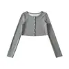Cardigan Curto Slim para Menina Quente Outono Novo Top de Gola Redonda de Cintura Alta Mostrando o Umbigo Camiseta Slim de Manga Longa de Botão Único