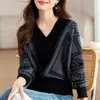 Suéter de Punto Burdeos para Mujer 2026 Nuevo Primavera y Otoño Cuello en V Holgado Relajado Suéter Bloque de Color con Estilo Perezoso y Sensación de Alta Gama