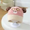 Gorro con orejas de oso para otoño e invierno, gorro de punto con bloques de color tridimensional, gorro cálido para niños y niñas