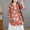 Camisa Casual Retro Estampada de Lino Nueva de Verano 2026 Vestido Camisa Artístico de Longitud Media Holgado con Cuello en V