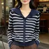 Cardigan com gola marinha feminino outono e inverno novo estilo universitário lapela cor contrastante casual temperamento listrado malha manga longa cardigan feminino