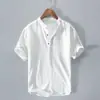 Nova Camisa de Algodão e Linho com Gola Alta e Manga Curta para Homens, Verão 2026, Respirável, Solta, Versátil, Top Casual Masculino