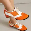 Tallas 34-52 Zapatos de Cuero Poco Profundos con Cordones, Bloques de Color Transfronterizos, Suela de Goma Suave, Zapatos de Tacón Cuadrado para Mujer