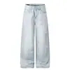 G6987 Jeans Masculino Largo de Barra Reta Lavado Azul Gelo Tendência Estilo Americano Design High Street com Bigodes Unissex