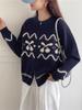 Jaqueta Cardigan de Tricô Jacquard Azul Marinho com Zíper Duplo para Mulheres no Outono e Inverno Primavera e Outono Camisa Externa de Tricô Grossa Estilo Preguiçoso
