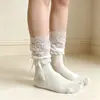 Calcetines blancos, calcetines de algodón para mujer hasta la pantorrilla, calcetines hasta la rodilla con ribete de encaje, estilo JK, primavera/otoño, lazo blanco, calcetines Lolita hasta la mitad de la pantorrilla