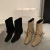 Primer Encuentro Ji Botines Cortos de Gamuza Caqui Estilo Retro Botas para Mujer Botas Francesas Otoño Diseño de Nicho Botas de Tacón Cuadrado Western