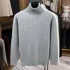 Suéter de Punto para Hombre con Rayas Verticales de Cuello Alto, Tejido Fino, Lujo Ligero, Capa Base de Punto Cálida para Invierno, Corte Ajustado