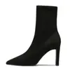 Botines de tacón alto grueso negros para mujer, botines sencillos de primavera y otoño, punta fina, botas calcetín de gamuza adelgazantes a media pantorrilla, botas para llevar sin medias, botas estilo Martin