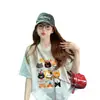 Camiseta súper de encaje jacquard semitransparente de manga corta para mujer, versión coreana con estampado de gatito de dibujos animados, top holgado y versátil de moda