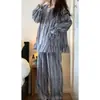 Conjunto de pijama de alta qualidade estilo coreano com estampa pied-de-poule para mulheres, outono, tamanho plus, cardigã de manga longa e calça longa, pode ser usado fora de casa