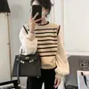 Top de punto de rayas blancas y negras de dos piezas falso para mujer, nuevo suéter corto de retazos suave estilo coreano para primavera/otoño