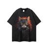 Rua Europeia e Americana vintage Flame Cat Head Impressão Lavada Velha Camiseta de manga curta para homens Retro Loose Camiseta de meia manga