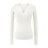 Suéter de Tricô Ribatado com Gola V Tendência Manga Longa Outono Novo Versátil Cor Sólida Slim-Fit Base para Mulheres