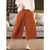 Pantalones capri de pierna ancha de algodón y lino con ribete de encaje, nuevos para el verano, para mujer, con un estilo retro y artístico, cintura alta, efecto adelgazante y un diseño casual de pierna recta.