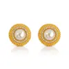 Moda Europea y Americana Elegantes Versátiles Metálicos Arena Dorada Patrón Trenzado Pendientes de Perla para Mujer Nicho Diseño de Lujo Ligero Pendientes