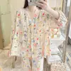 Conjunto de Pijama Familiar de Algodón y Seda Estilo Primavera y Otoño para Mujer, Traje de Casa tipo Cárdigan, Se Puede Usar Afuera, Casual, Manga Larga Pantalón Largo