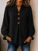 Moda europea y americana transfronteriza Amazon TK nueva para mujer otoño e invierno top de manga larga con cuello en V de color liso con botones