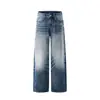 Calça jeans masculina retro americana com lavagem splatter e orelhas de gato, estilo de rua, calça dad solta, calça reta de perna larga desgastada