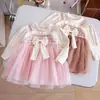 Vestido de Moda para Niña Primavera y Otoño Nuevo Estilo Coreano Malla con Lazo Cuello Redondo Manga Larga Falda Falsa de Dos Piezas para Bebé