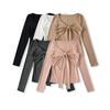 2535-25 Estilo Otoño Puro Deseo Corte Ajustado Cuello en V Lazo Manga Larga Camiseta Base para Mujer Top Interior