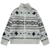 Suéter Cardigan Jacquard Estilo Retro Americano Fair Isle para Homens e Mulheres, Marca Tendência, Caimento Solto, Quente, Tricô com Gola Alta, Jaqueta com Gola Alta