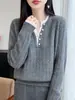Nuevo Suéter de Punto de Lana Pura con Cuello en V de Manga Larga para Mujer Bloque de Color Botones Canalé Falso Dos Piezas Suéter de Lana Otoño/Invierno 2026
