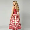 Vestido Midi Retro Floral Europeo y Americano de Verano con Tirantes Finos Cuello Cuadrado Cintura Ceñida Corte A Ropa para Mujer Fuente de Fábrica