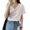 Camiseta de Verano Estilo Coreano Cuello en V Color Sólido Casual Versátil Seda de Hielo Acanalada Manga Corta Top Holgado para el Día a Día