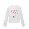 Camiseta de Cuello Redondo, Hombro Recto, Manga Larga para Mujer, Nuevo Estilo Primavera y Otoño, Diseño de Lazo Estilo Americano, Versátil, Corte Ajustado, Top Dulce y Picante para Chica