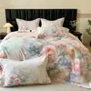 Sin pelusa~ Juego de cuatro piezas engrosado para otoño e invierno, algodón de fibra larga, cepillado, con estampado digital de estilo pastoral, juego de ropa de cama de algodón puro