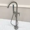 Grifo de Bañera de Pie Color Bronce Gunmetal Columna Cubo de Madera Lateral para Tanque Lavabo Montaje en Pared Cabezal de Ducha Independiente Frío y Caliente