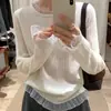 Camiseta base de lana para mujer con cuello redondo, jersey de punto de manga larga, diseño con ribete de encaje, top ajustado
