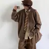 Suéter Cardigan Neutro com Listras Maillard para Outono e Inverno para Meninos e Meninas Estilo Preppy Gola V Retrô Tricotado Jaqueta de Casal