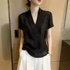 Camisa corta jacquard de manga corta con cuello en V, color negro, a la moda, para mujer, verano 2026, talla grande, top único y deslumbrante para damas de talla grande