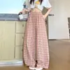 Pantalones de Lino a Cuadros para Mujer, Pierna Ancha, Adelgazantes y Versátiles, Cintura Alta, Caída Suelta, Nueve Puntos, Casual Rectos de Algodón y Lino, Cuadros Rosas