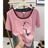 Top de Bloques de Color Adelgazante con Cuello Cuadrado, Nuevo Modelo Verano 2026, Diseño Único y Elegante, Camiseta de Manga Corta de Hombro Normal de Nicho para Mujer