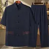 Traje Casual Bordado de Moda 2026 para Hombre, Conjunto de Ropa de Verano para Padres de Mediana Edad, Traje Tang Estilo Chino con Cuello Mao