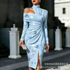 Transfronterizo Nuevo Estampado Digital Casual Personalidad Moda Temperamento Vestido de Manga Larga Hombros Descubiertos Falda Primavera y Otoño Mujer