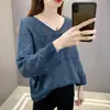 Nova Camisa de Base Tricô Manga Longa Cor Lisa Recortada Solta Outono/Inverno 2023 Suéter Fino Gola V Pulôver para Mulheres