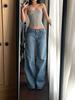 Calça jeans feminina estilo retrô estilo europeu e americano, cintura baixa, micro-larga, casual, comprida