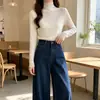 Camisa base de encaje con cuello medio alto y pelo de visón para mujer en otoño e invierno, con ribete de encaje con volantes, corte ajustado, rayas verticales caladas y capa interior de punto